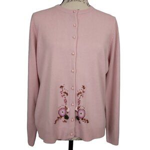 Vintage Pink Pastel Embroidered Beaded Applique Cardigan Sweater | Size L